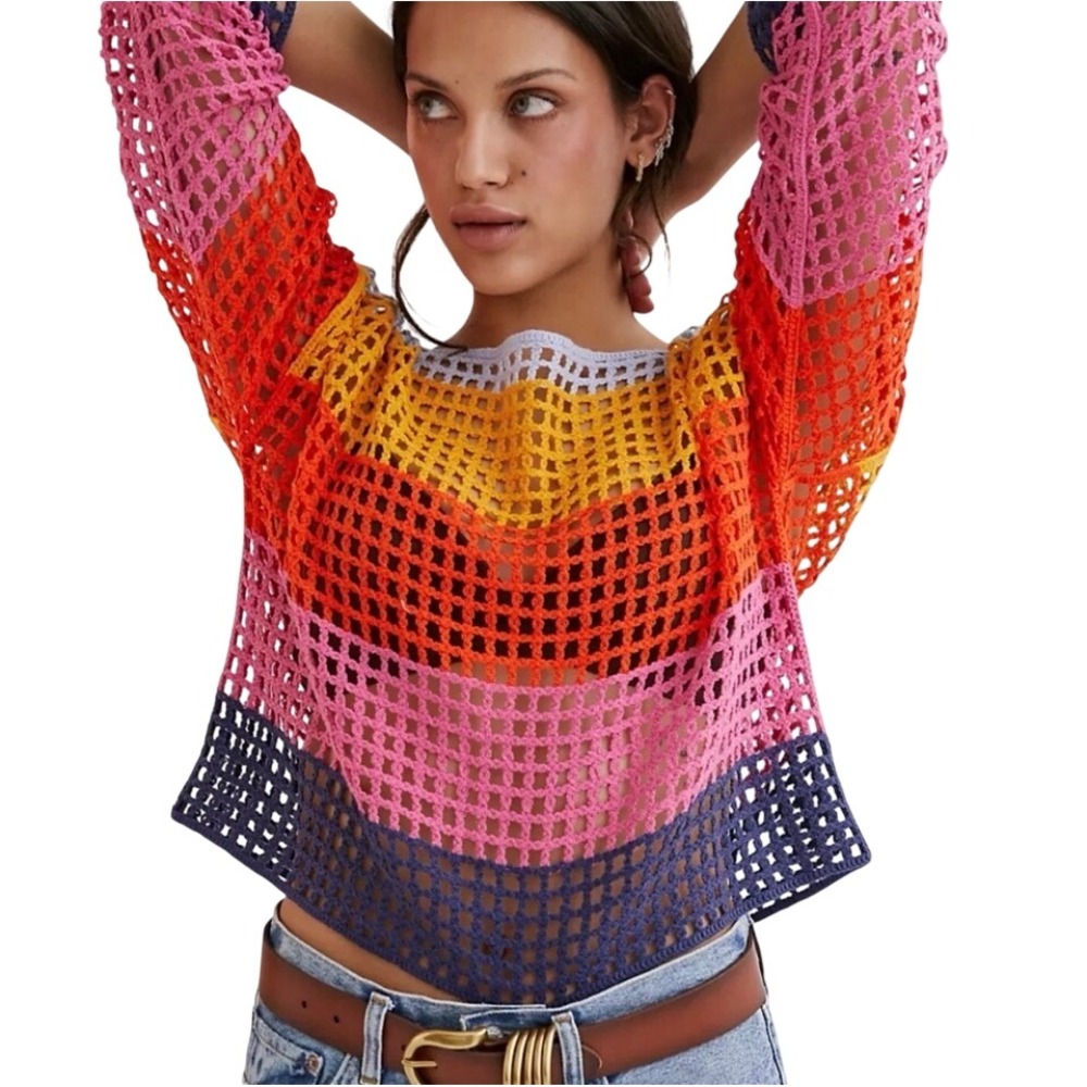 Maeve Anthropologie Poncho Multicolor Striped Crochet Open Knit Boho OS